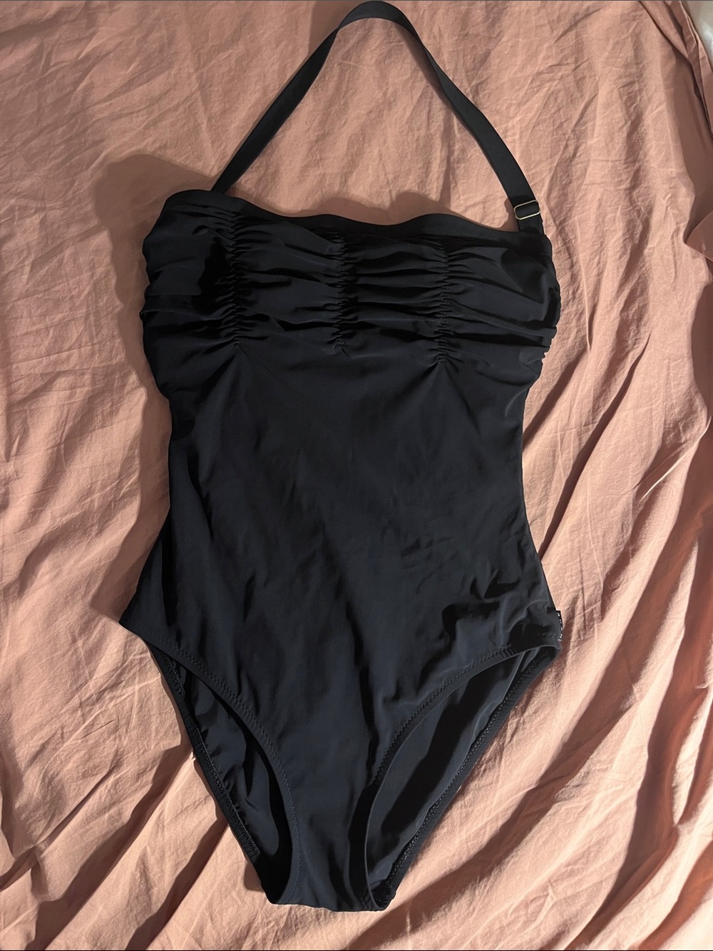 SHAN black ruched one-piece halter swimsuit, size 10 *as is